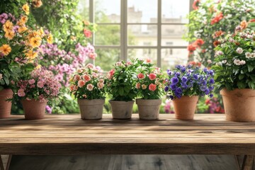 Colorful potted flowers on a wooden table by a window. Lush plants, vibrant blooms in various hues.  Sunlight streams through the window