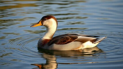 Fototapeta premium Mallard duck swimming gracefully in calm water at sunrise, showcasing natural beauty and vibrant feathers