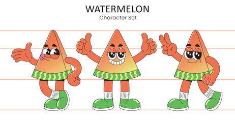 retro watermelon with various poses. character for label, packaging, branding. trendy groovy vintage summer mascot with facial expression.