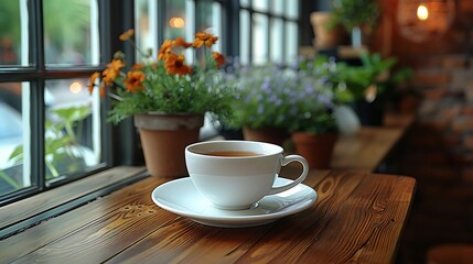 Relaxing beverage near the window with potted plants on a wooden table indoors, a cozy, tranquil scene.