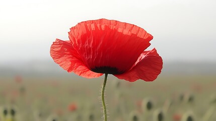 Single red poppy flower in field.