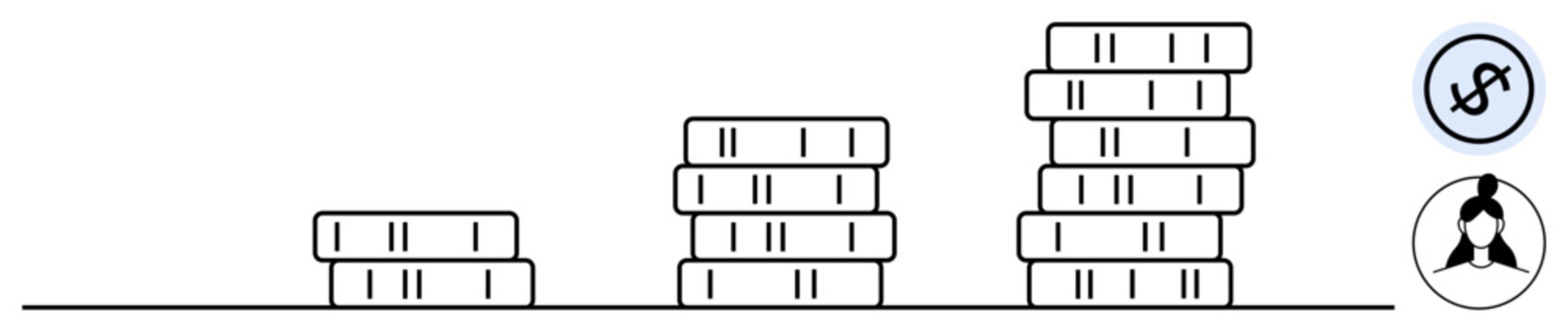 Incremental coin stacks symbolizing income growth with career progression, dollar sign for wealth and professional hierarchy. Ideal for finance, investment, savings, career growth, income levels