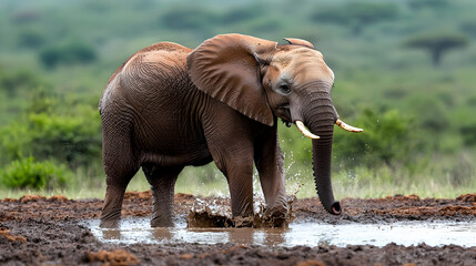 Fototapeta premium Young Elephant Splashing In Mud Puddle