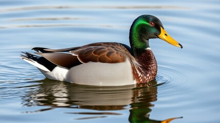 Obraz premium Male mallard duck swimming peacefully on a calm lake surface with ripples reflecting the sunlight