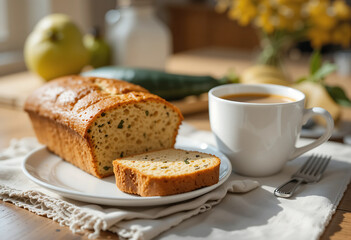 Delicious zucchini bread sits on a plate alongside a steaming cup of coffee, set in a bright kitchen filled with fresh ingredients and blooms, creating a cozy morning atmosphere