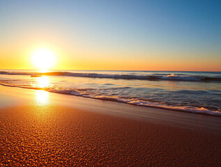 A Glimmering Beach at Sunset with Glittering Sand and Sparkles on the Water – Generative AI