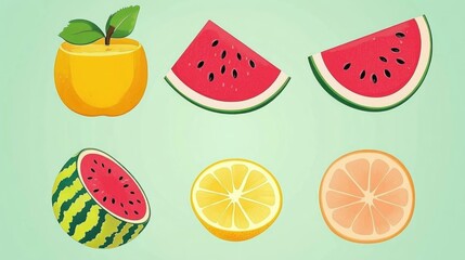 Juicy summer fruits watermelon, orange, lemon, and grapefruit slices. Ideal for healthy eating and refreshment