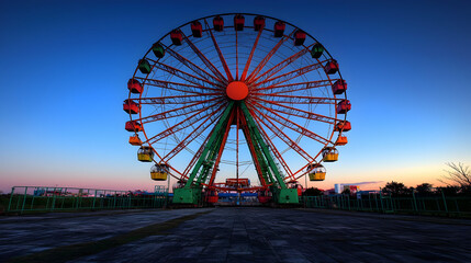 Giant Ferris Wheel Silhouette Against Sunset Sky With Colorful Lights at Amusement Park