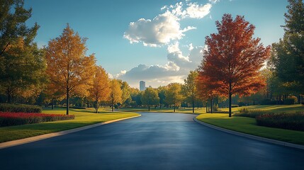 Scenic Park Road with Autumn Foliage, Clear Blue Sky, and Lush Green Grass Landscape Photography.