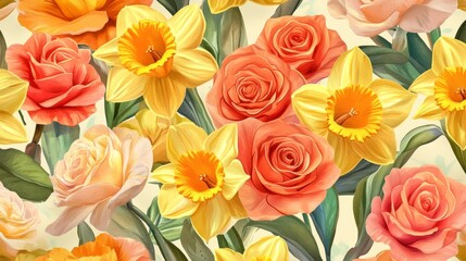 Fototapeta premium DesignCreativity Seamless Floral View Roses Foliage