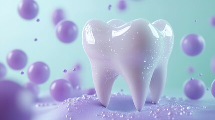 Artistic render of a molar tooth surrounded by floating spheres