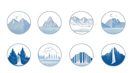Fototapeta premium Mountain, lake, forest icons; nature scenes; website design