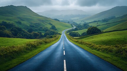 Scenic Road Through Rolling Green Hills and Distant Mountains under a Cloudy Sky, a Journey of Tranquility and Breathtaking Views.