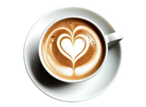 Top view of white coffee cup with heart shape latte art, cutout. png