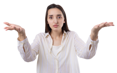 Young beautiful woman with facial expression of surprise standing over white background.