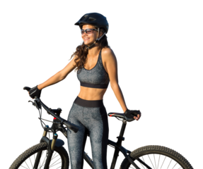 Young female cyclist cycling on a transparent background.