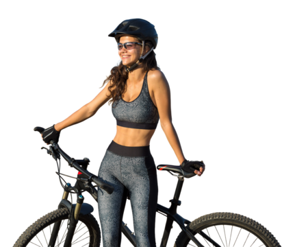 Young female cyclist cycling on a transparent background.