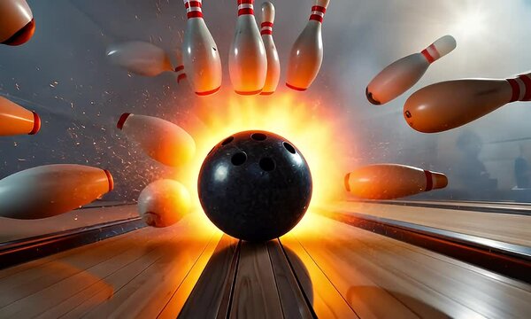 A bowling ball striking the pins, causing a fiery explosion, showcasing a dramatic strike.