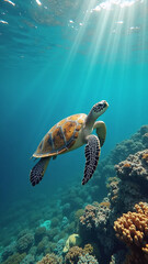 Obraz premium A serene moment of a sea turtle exploring a vibrant coral ecosystem in the deep ocean.