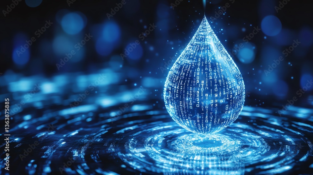 Poster digital water droplet creates ripples in a virtual ocean of binary code during a futuristic cyber en