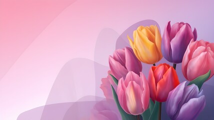 Fototapeta premium The background is a soft and romantic pink, brightly colored tulip illustration.