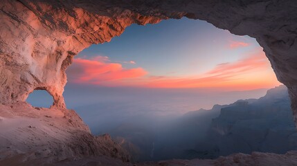 Fototapeta premium Sunset Vista from Mountain Cave.