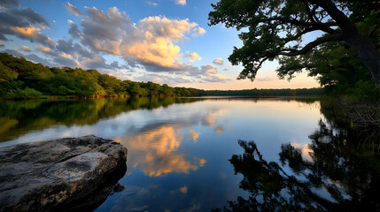 Scenic Lake Reflecting Cloudy Sky and Lush Green Forest During Sunset with Golden Light