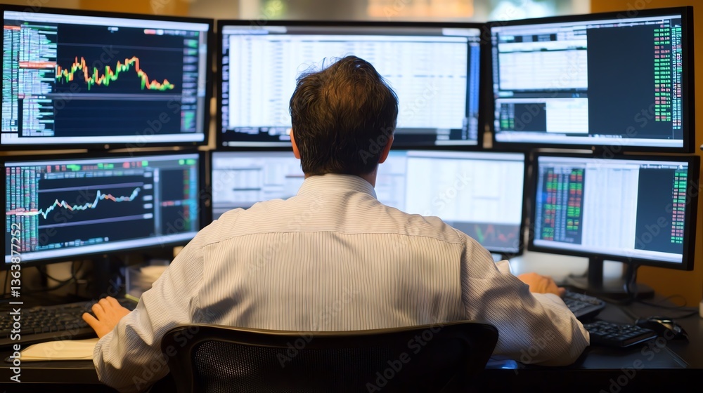 Poster trader monitors multiple screens displaying stock market data and analytics in a busy workspace duri