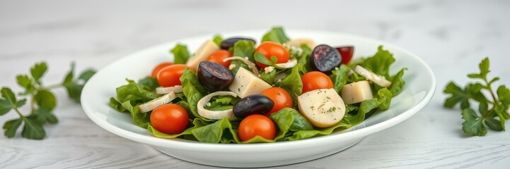 Fresh green salad with cherry tomatoes, olives, and herbs served in a white bowl