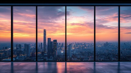 Panoramic city view from high-rise office space at sunset