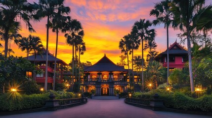 Fototapeta premium Luxury resort hotel exterior with palm trees, grand entrance, and a beautiful sunset sky. A sophisticated and welcoming ambiance. Copy space included.