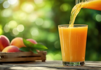Fototapeta premium Freshly Squeezed Orange Juice Poured Into Glass on Wooden Table in Bright Natural Setting with Apricots in the Background
