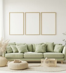 Modern living room with sage green sofa and three empty frames.