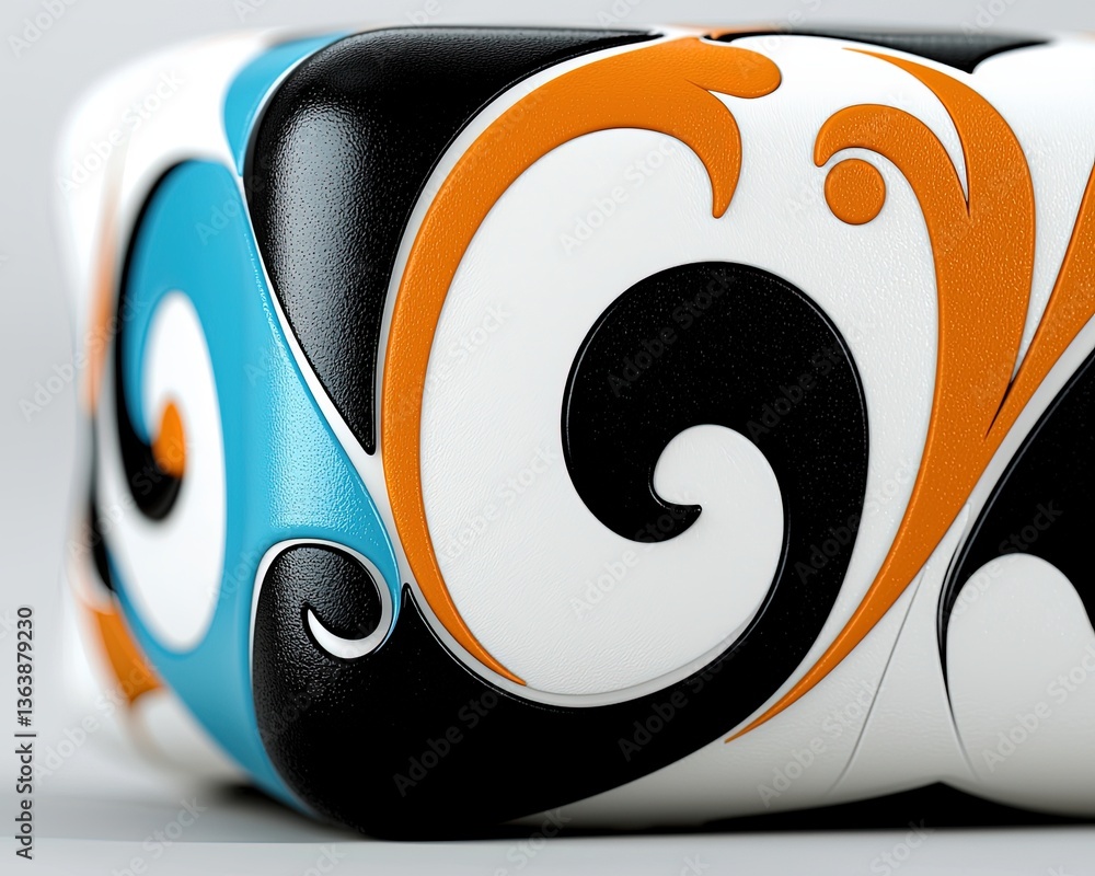 Poster colorful abstract design featuring swirling patterns and shapes on a modern cube surface