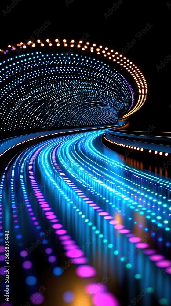 Poster vibrant light trails through a dark tunnel with colorful dots and abstract pattern