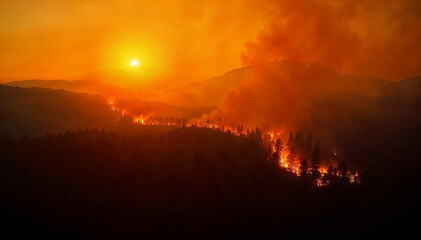A wildfire rages through a forest during sunset