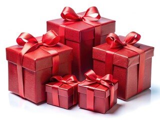 Fototapeta premium Red Christmas Gift Boxes Isolated, Holiday Present Packaging, Festive Xmas Boxes, Christmas Decorations, Gift Wrapping