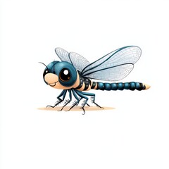 Fototapeta premium Cute Cartoon Dragonfly Illustration Digital Painting Blue Black Body Large Eyes White Background
