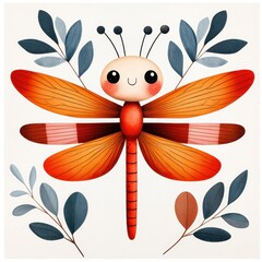 Cute Cartoon Dragonfly with Orange and Red Wings, Blue Gray Leaves on Beige Background