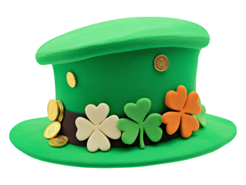 Green Hat with Shamrock Decorations and Coins