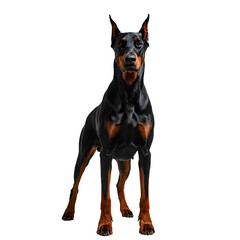 A Doberman Pinscher dog standing in profile on a transparent background.