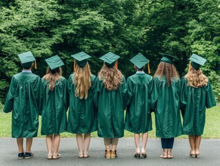 back view of group of students in green graduation gown and cap standing together on asphalt facing green lawn with trees  - ai