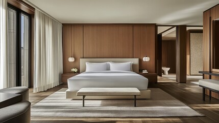 Modern and minimalist hotel bedroom with clean lines, neutral tones, and warm lighting. Stylish decor and comfortable setting. Copy space included.