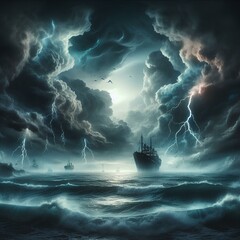 Fototapeta premium Sea ​​storm with thick clouds and floating ships