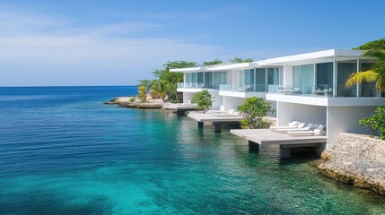 Fototapeta premium Modern beachfront hotel with sleek white architecture, palm-lined walkways, and a private beach cove with crystal-clear waters. A relaxing paradise. Copy space included.