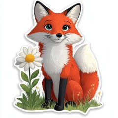 Obraz premium Cute Orange Fox with Daisy in Pixel Art Style