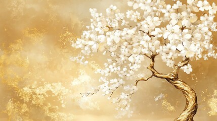 Blooming Cherry Tree Against a Golden Backdrop, Showcasing Intricate Floral Details and Artistic Textures