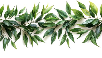 A detailed illustration of green leaves on brown branches with white background