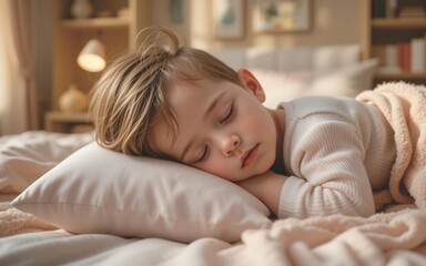 Fototapeta premium Peaceful Sleeping Little Boy Child in Cozy Bedroom with Soft Lighting