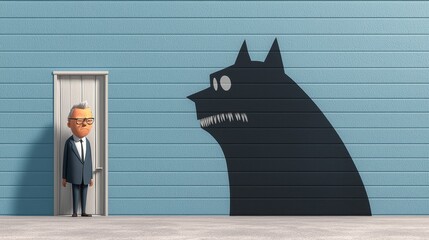 Hesitant Businessman Facing Ominous Wolf Shadow on Blue Wall